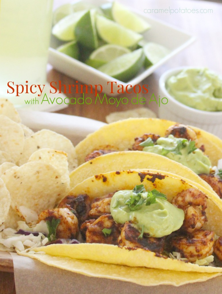 spicy shrimp tacos with avocado moyo de ayo (creamy avocado garlic sauce)